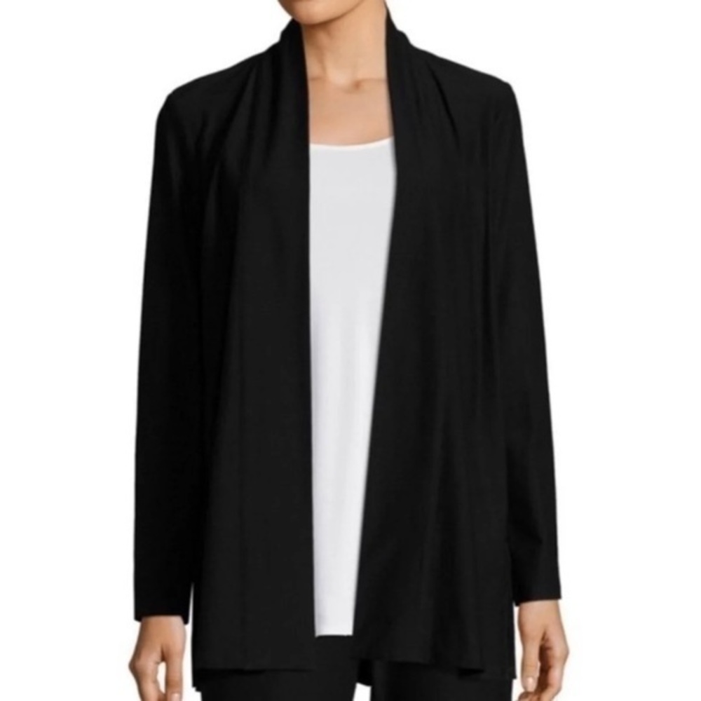NWT Eileen Fisher Black Crepe Open Front Relaxed Cardigan Duster Petite Small
